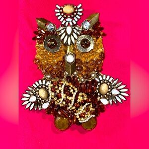 Owl of Compressed Wood w/Repurposed Jewelry of Brown Hues, Off white, Gold color